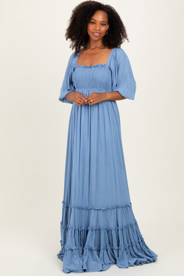 Blue Solid 3/4 Sleeve Smocked Top Tiered Maxi Dress