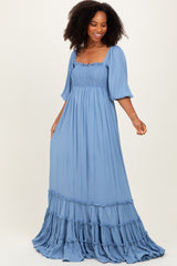 Blue Solid 3/4 Sleeve Smocked Top Tiered Maxi Dress