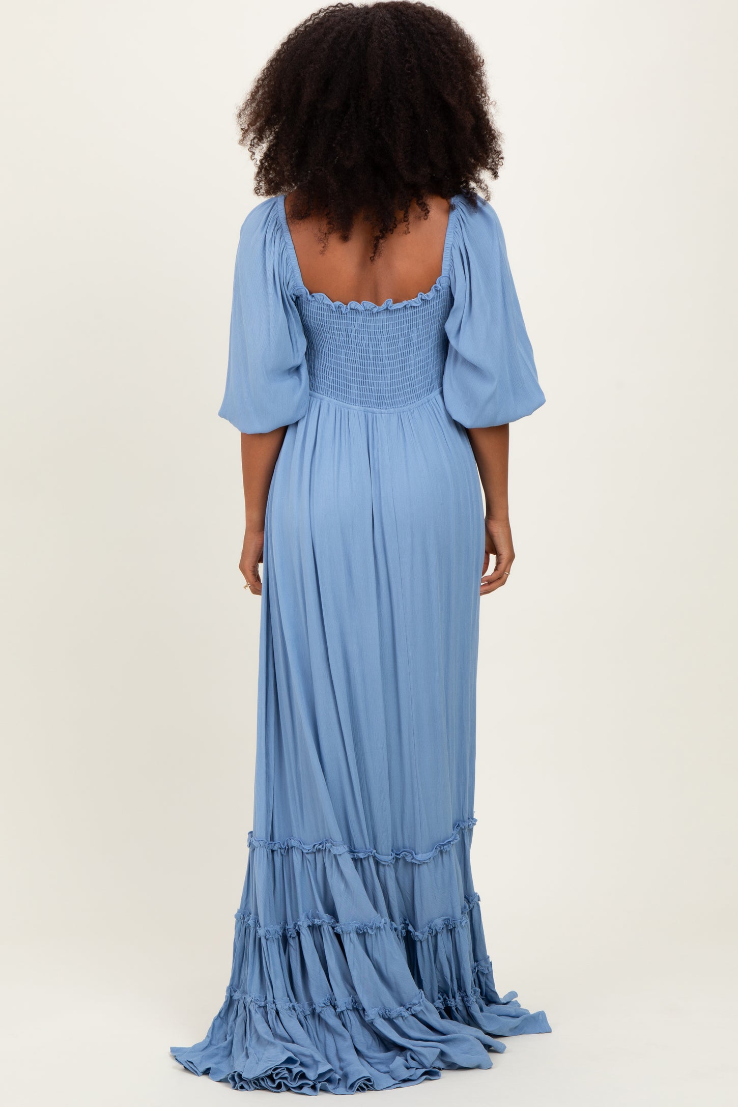 Blue Solid 3/4 Sleeve Smocked Top Tiered Maxi Dress