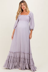 Lavender Solid 3/4 Sleeve Smocked Top Tiered Maternity Maxi Dress