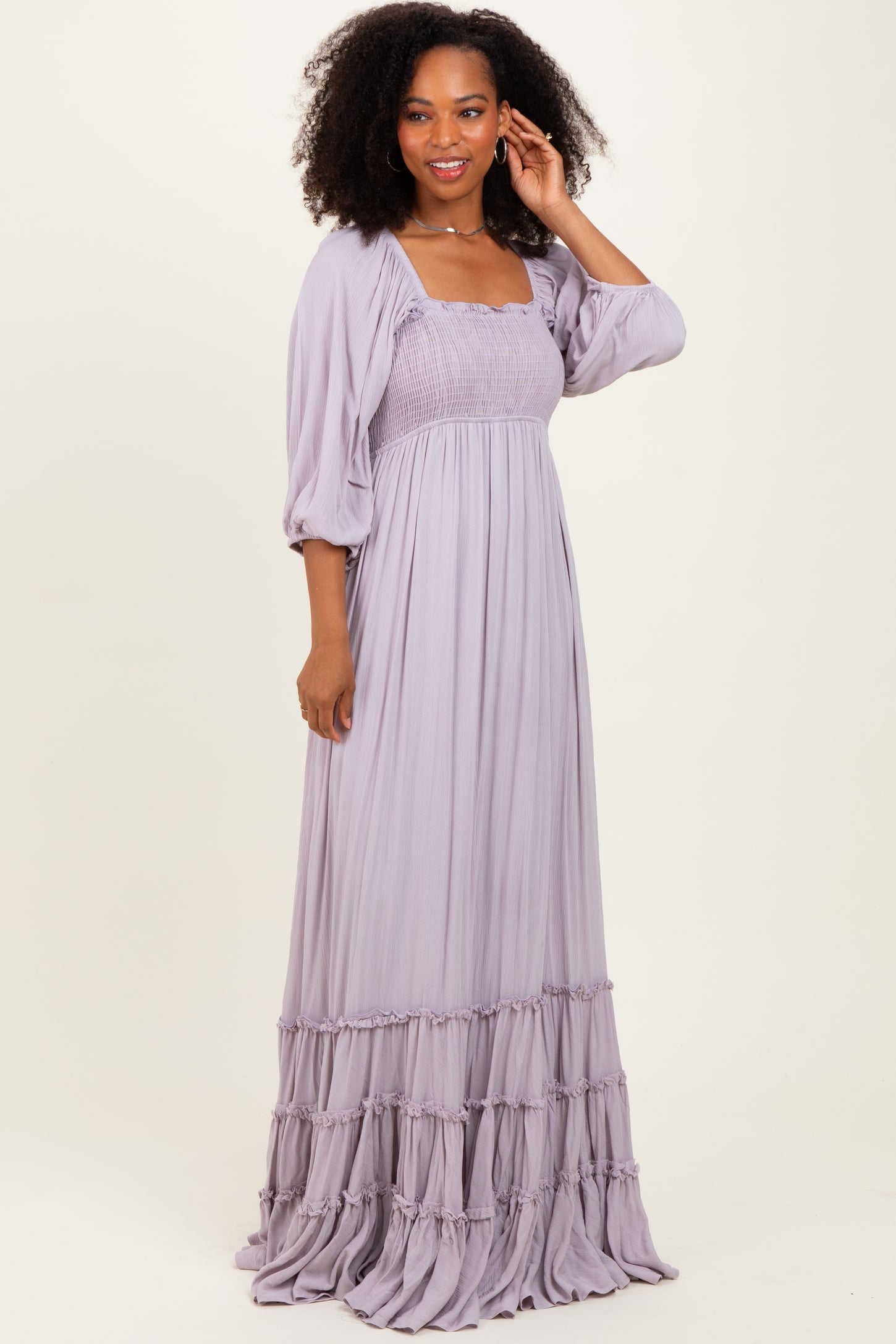 Lavender Solid 3/4 Sleeve Smocked Top Tiered Maxi Dress PinkBlush Lavender Solid 3/4 Sleeve Smocked Top Tiered Maxi Dress PinkBlush