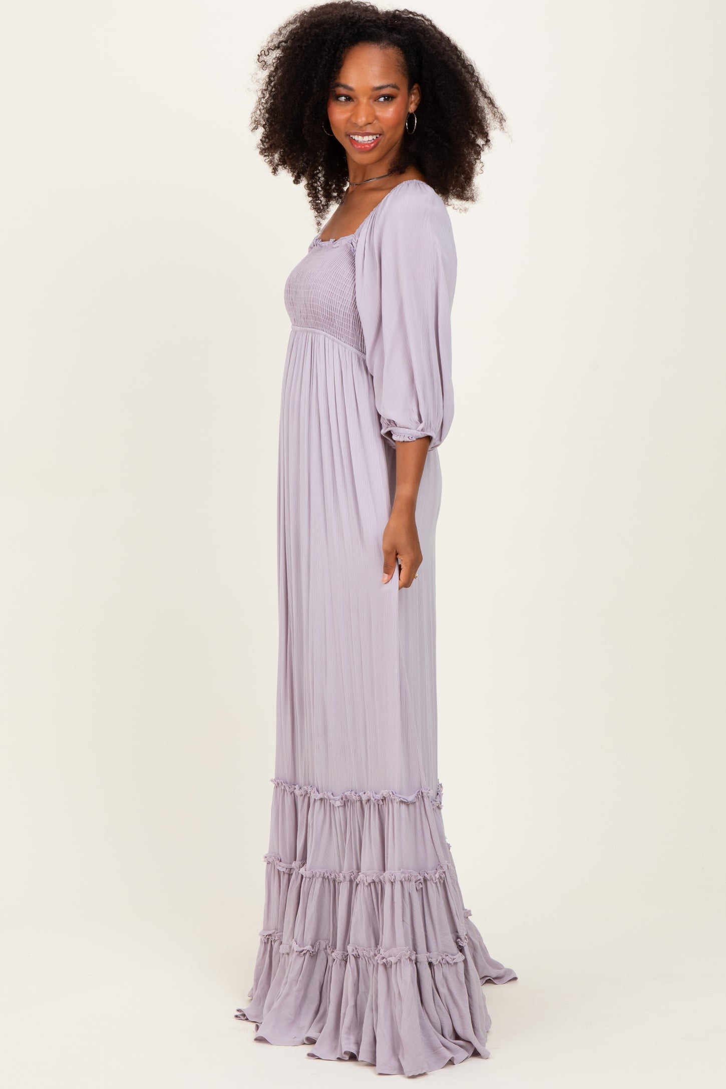 Lavender Solid 3/4 Sleeve Smocked Top Tiered Maxi Dress