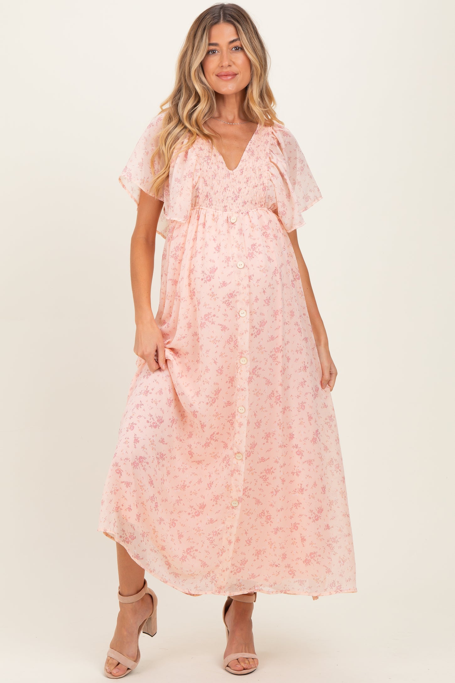 Light Pink Floral Chiffon Short Sleeve V-Neck Smocked Top Maternity Maxi Dress