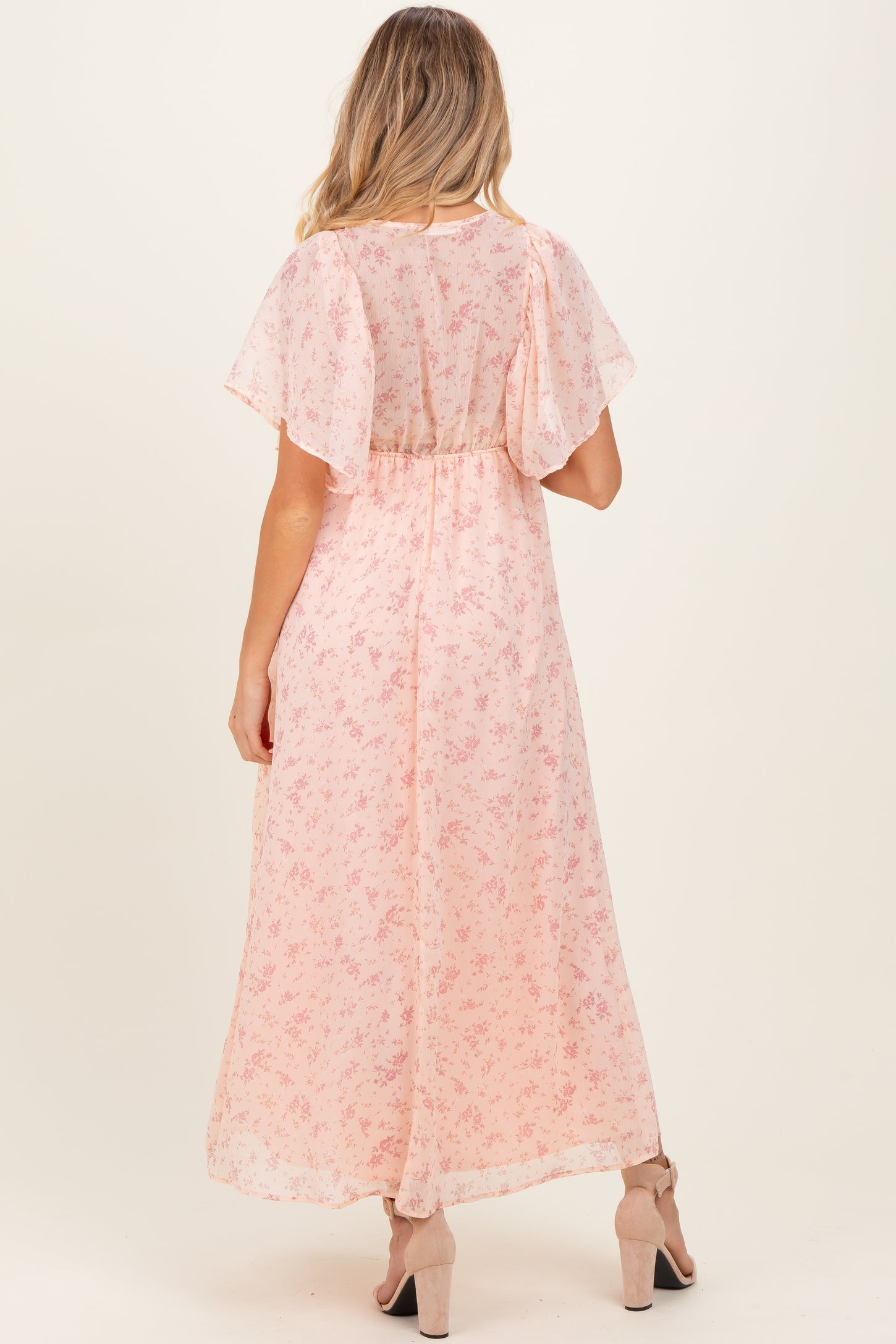 Light Pink Floral Chiffon Short Sleeve V-Neck Smocked Top Maternity Maxi Dress