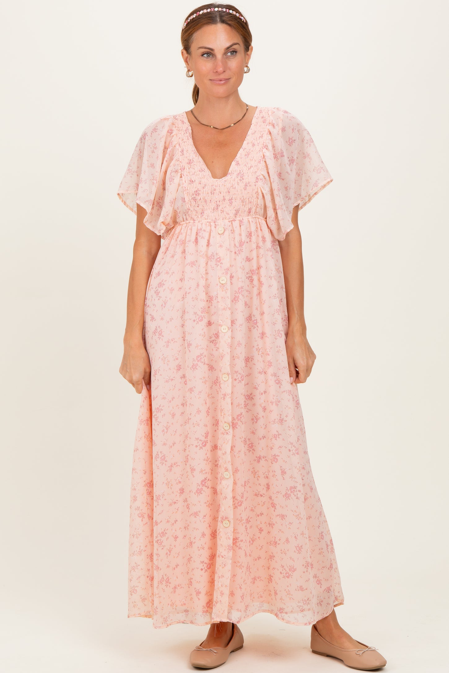 Light Pink Floral Chiffon Short Sleeve V-Neck Smocked Top Maxi Dress