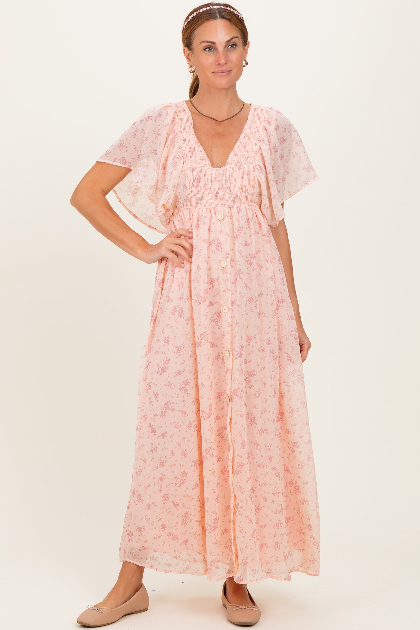 Light Pink Floral Chiffon Short Sleeve V-Neck Smocked Top Maxi Dress PinkBlush Light Pink Floral Chiffon Short Sleeve V-Neck Smocked Top Maxi Dress PinkBlush