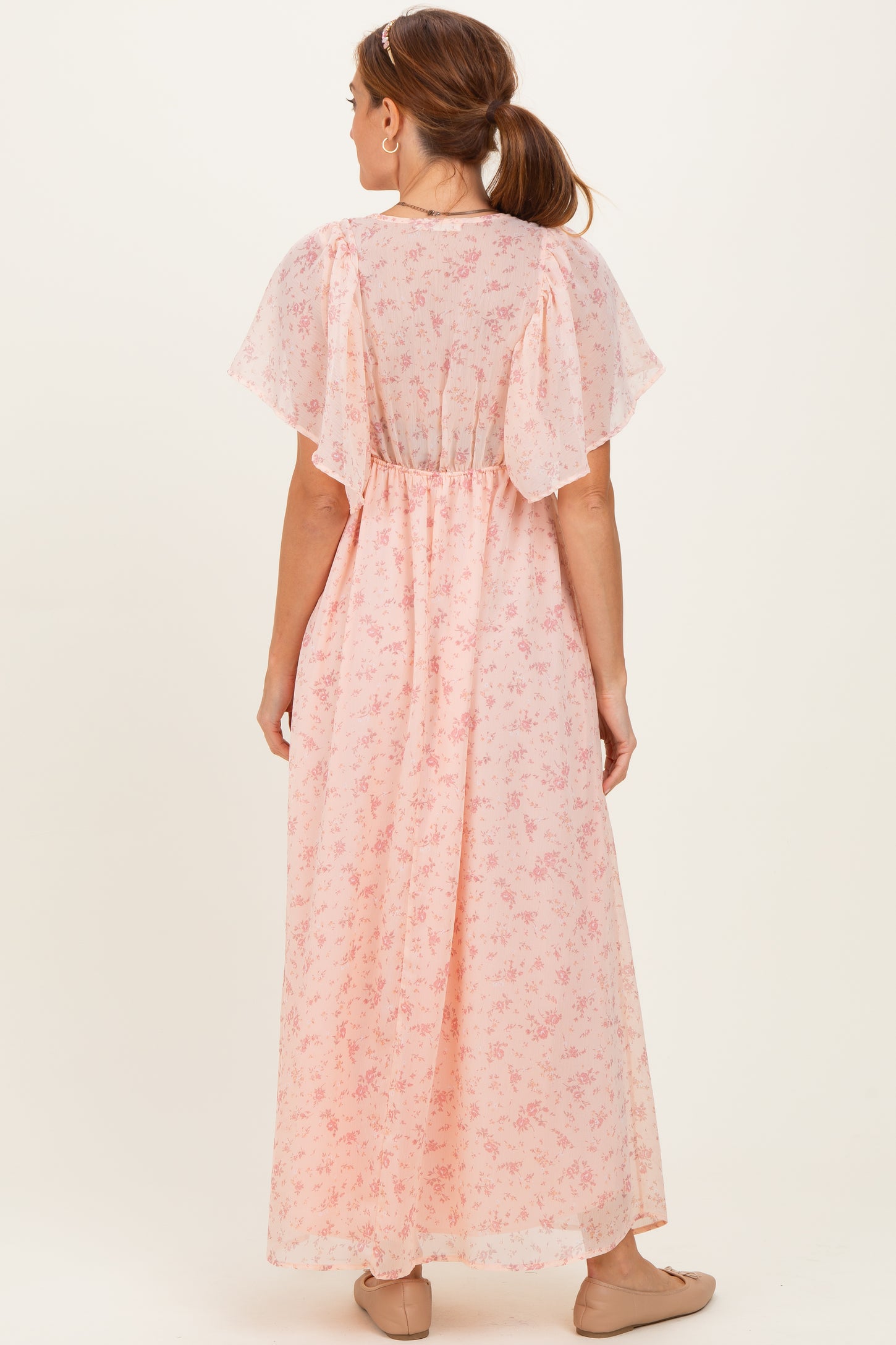 Light Pink Floral Chiffon Short Sleeve V-Neck Smocked Top Maxi Dress
