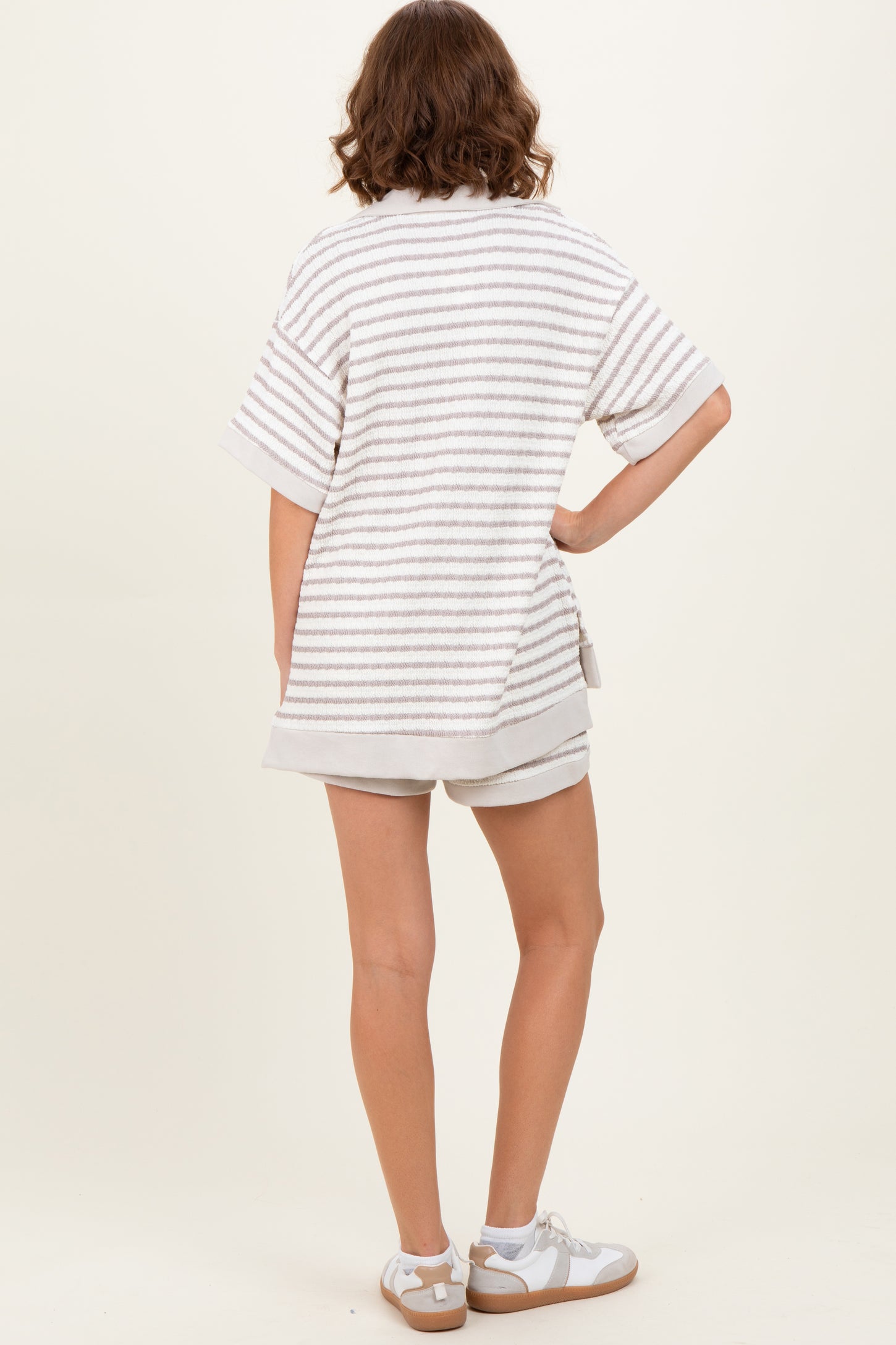 Cream/Beige Stripe Short Sleeve Short Set