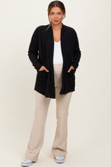 Black Solid Ribbed Long Sleeve Open Front Pocket Maternity Cardigan