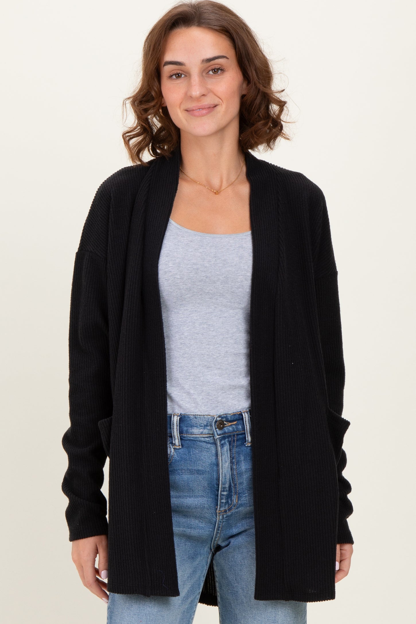 Black Solid Ribbed Long Sleeve Open Front Pocket Cardigan