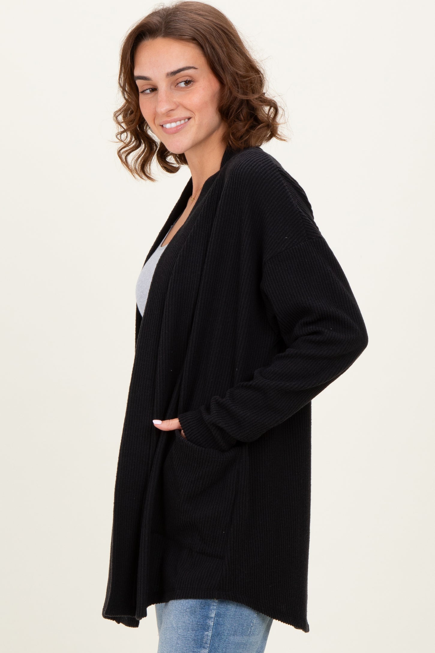 Black Solid Ribbed Long Sleeve Open Front Pocket Cardigan