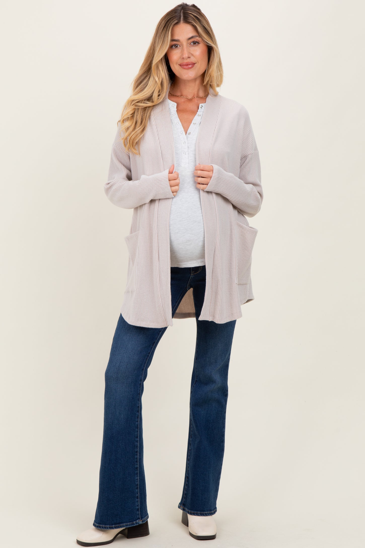 Beige Solid Ribbed Long Sleeve Open Front Pocket Maternity Cardigan