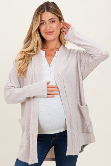 Beige Solid Ribbed Long Sleeve Open Front Pocket Maternity Cardigan