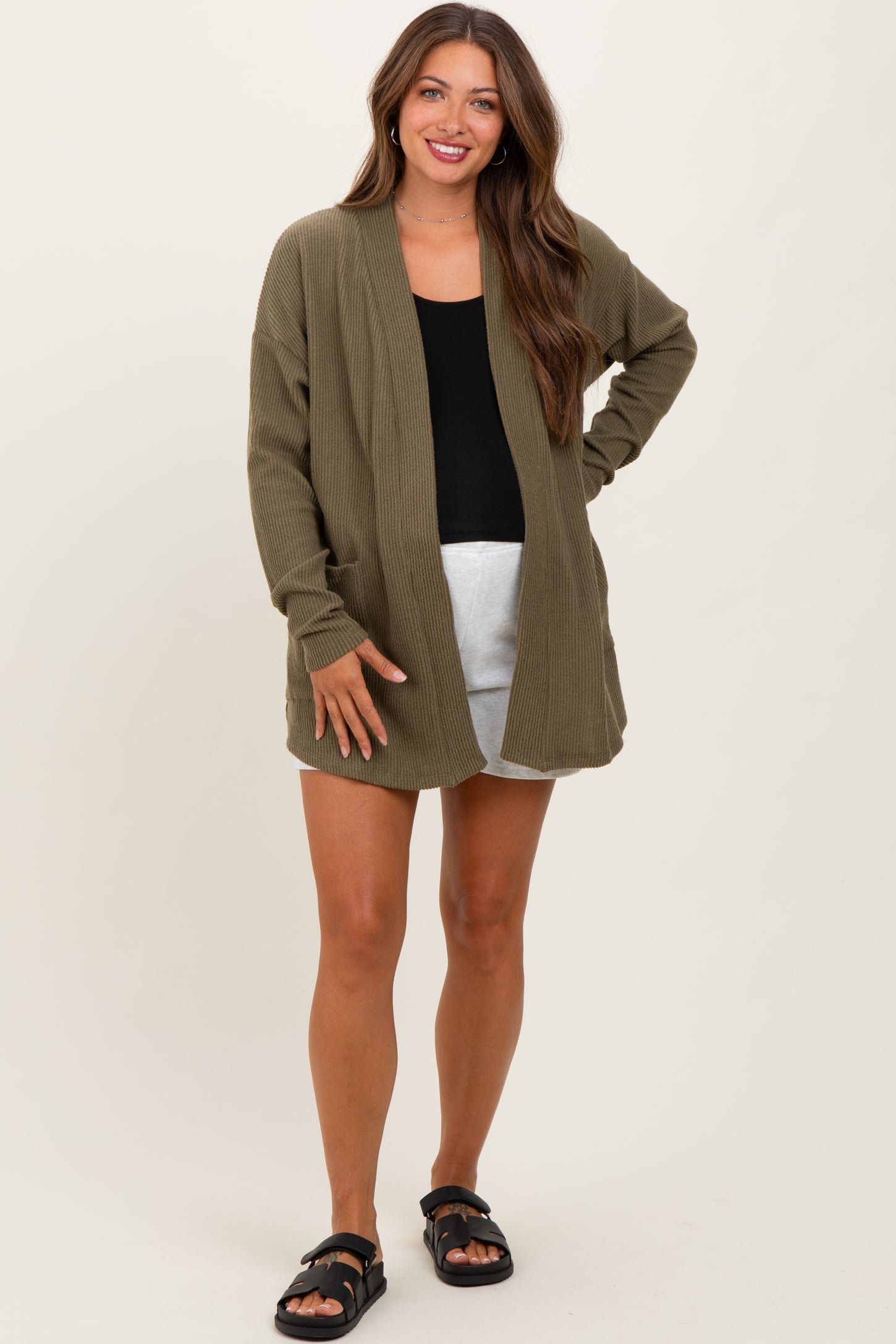 Olive Solid Ribbed Long Sleeve Open Front Pocket Maternity Cardigan