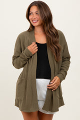 Olive Solid Ribbed Long Sleeve Open Front Pocket Maternity Cardigan