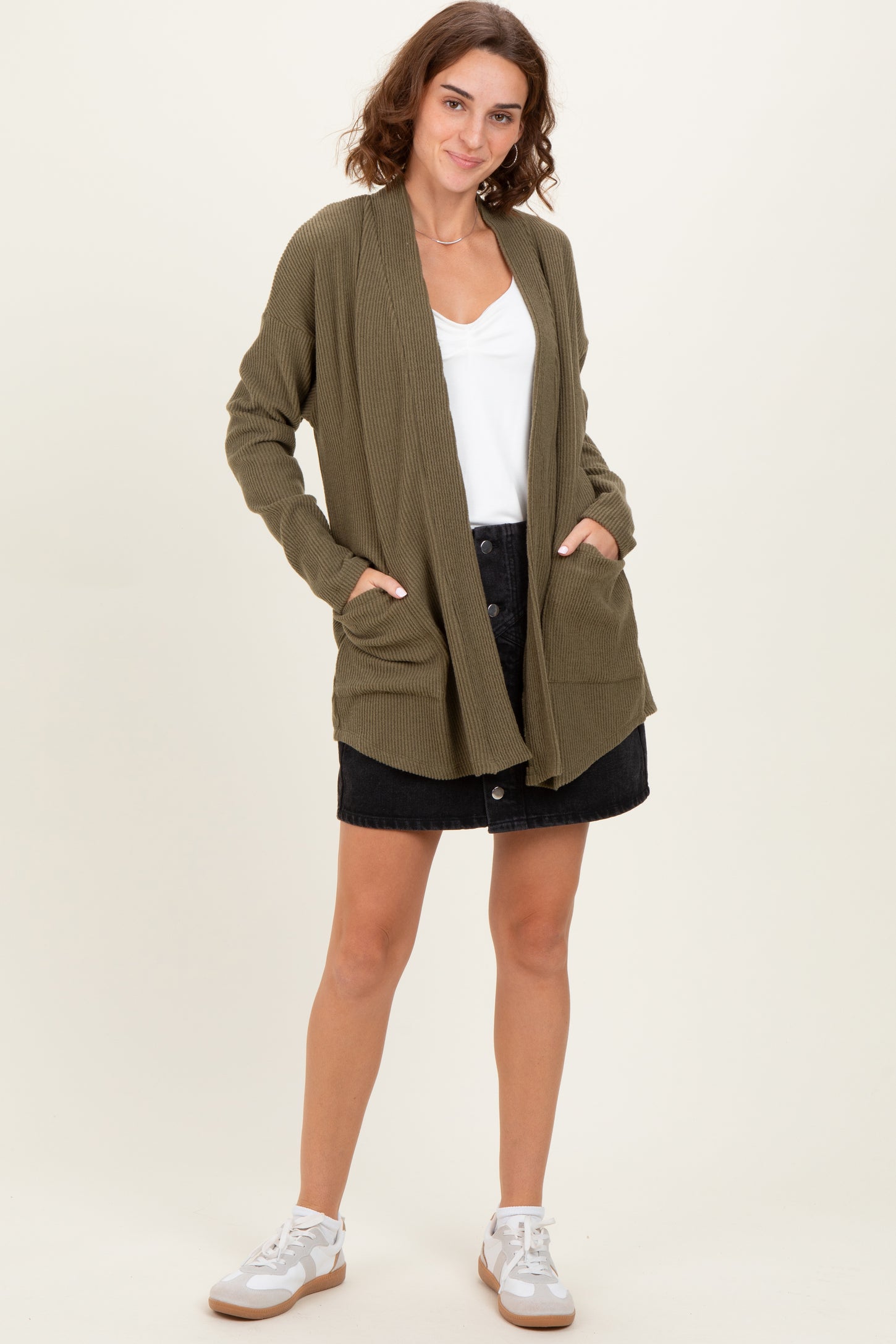 Olive Solid Ribbed Long Sleeve Open Front Pocket Cardigan