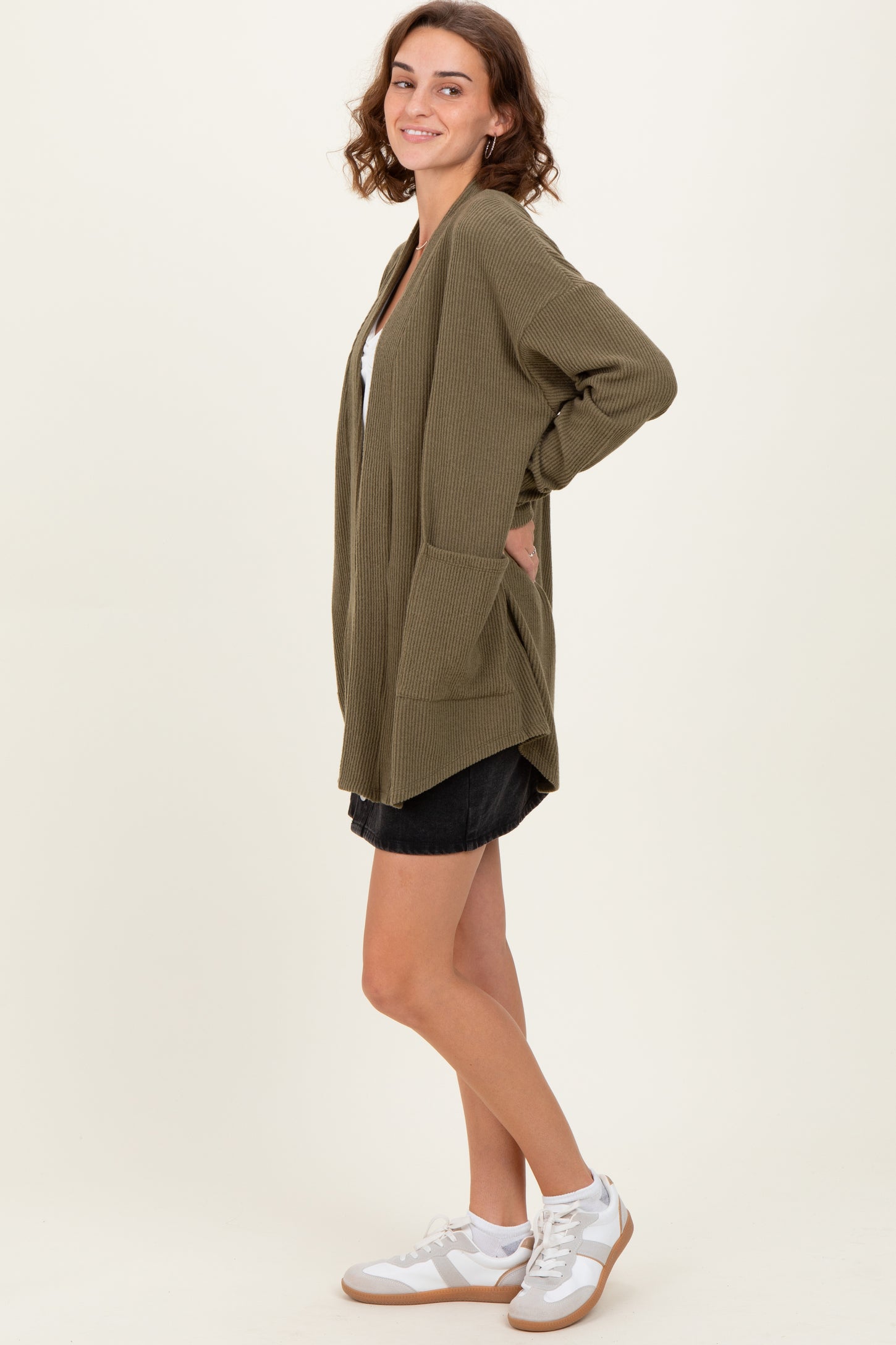 Olive Solid Ribbed Long Sleeve Open Front Pocket Cardigan