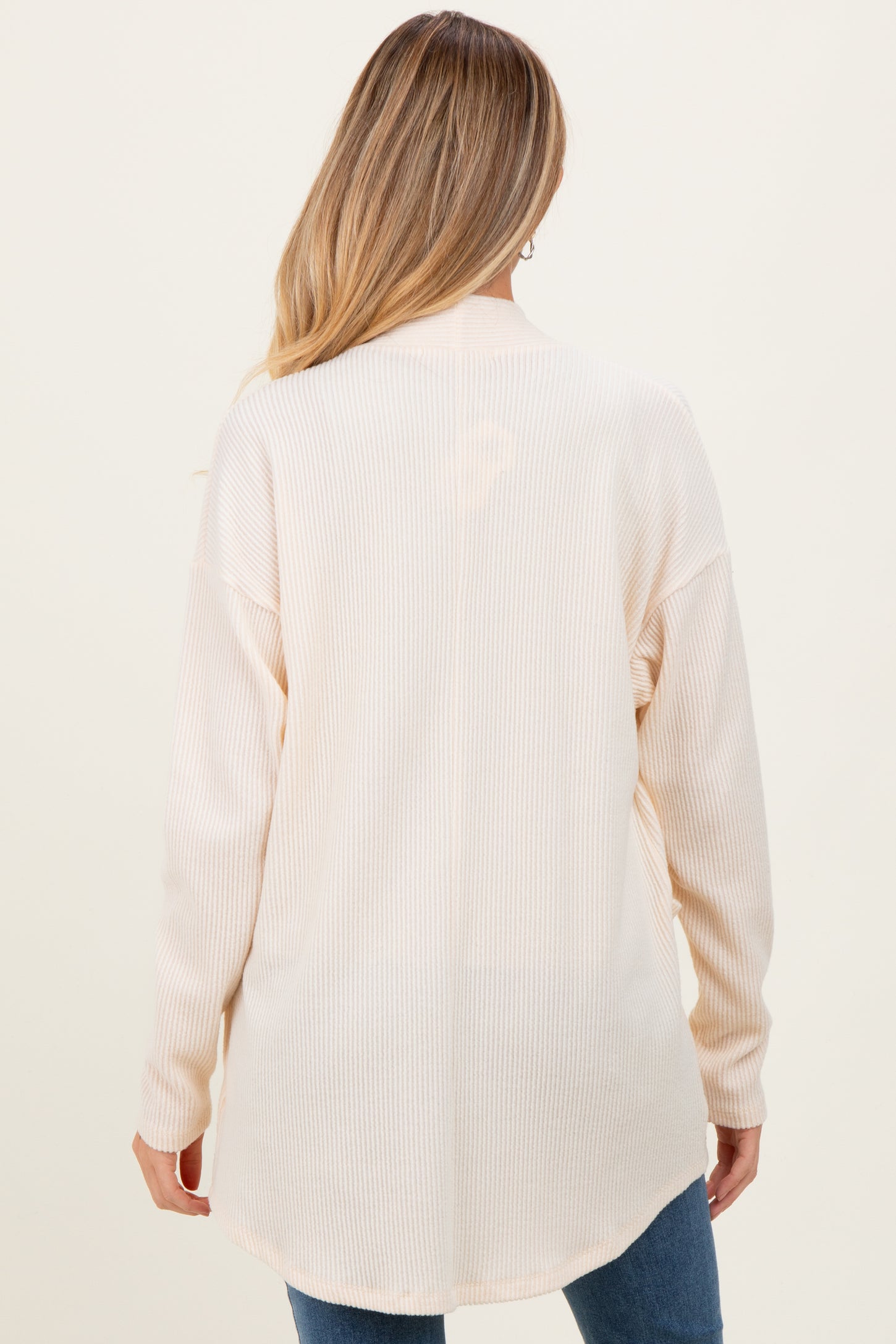 Cream Solid Ribbed Long Sleeve Open Front Pocket Maternity Cardigan