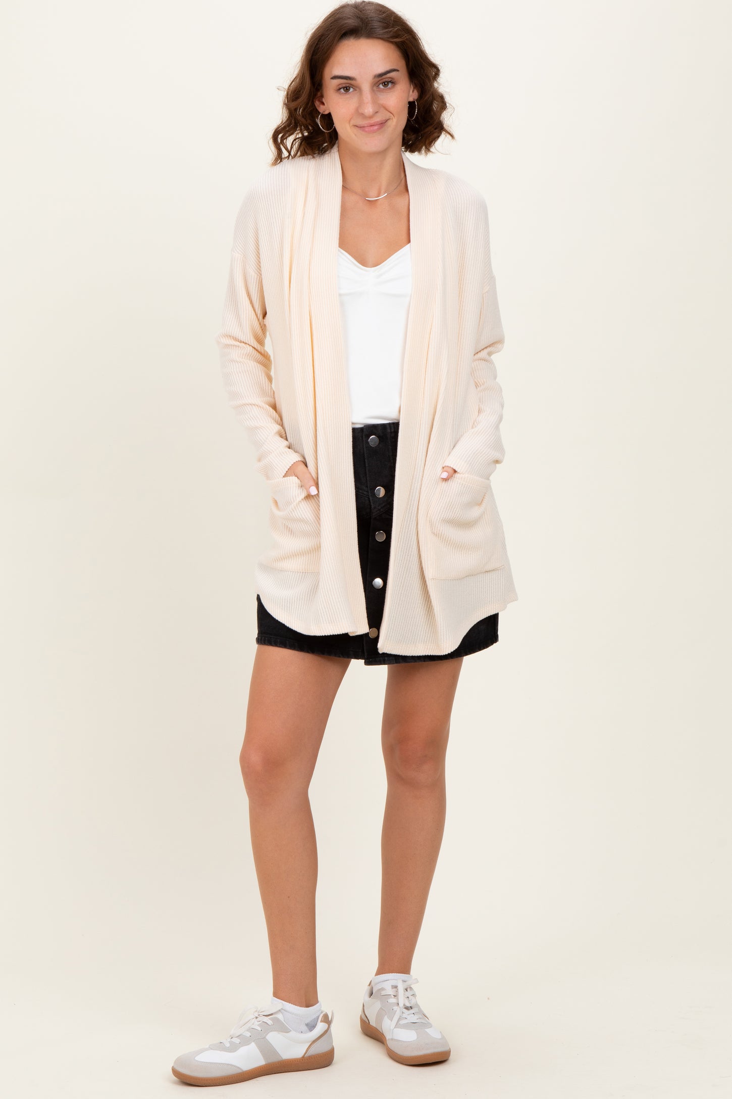 Cream Solid Ribbed Long Sleeve Open Front Pocket Cardigan