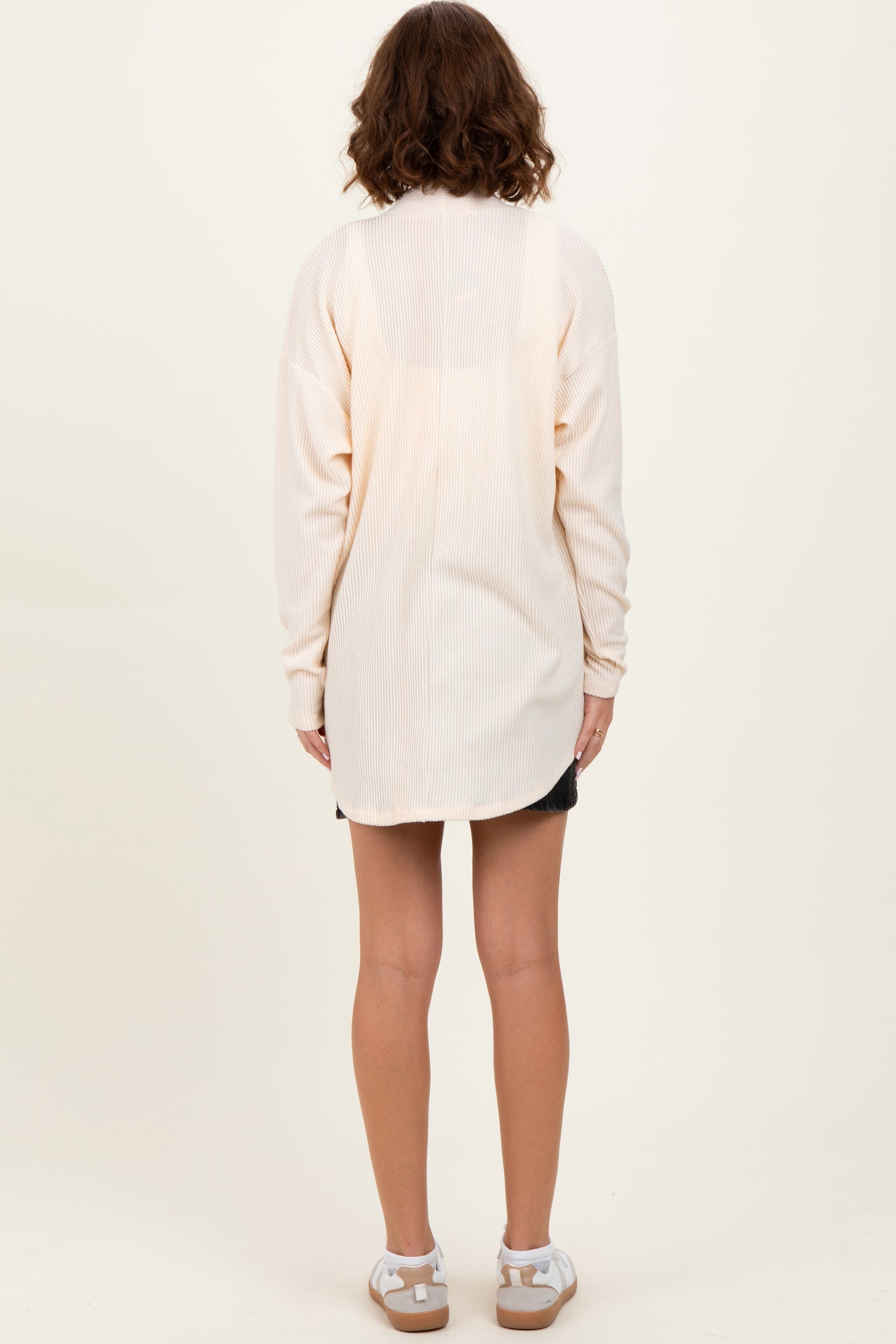 Cream Solid Ribbed Long Sleeve Open Front Pocket Cardigan