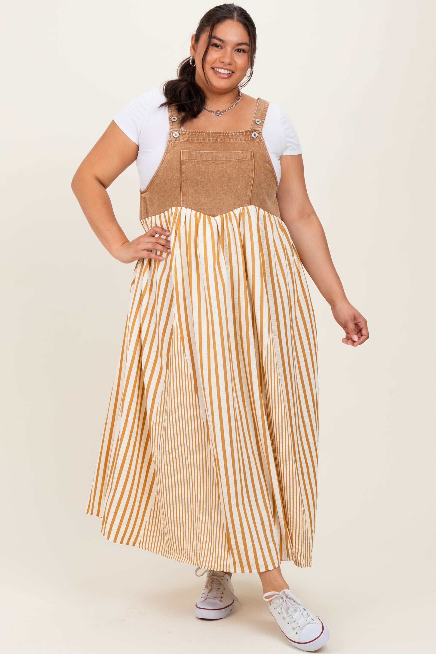 Camel Striped Colorblock Denim Contrast Plus Maxi Dress