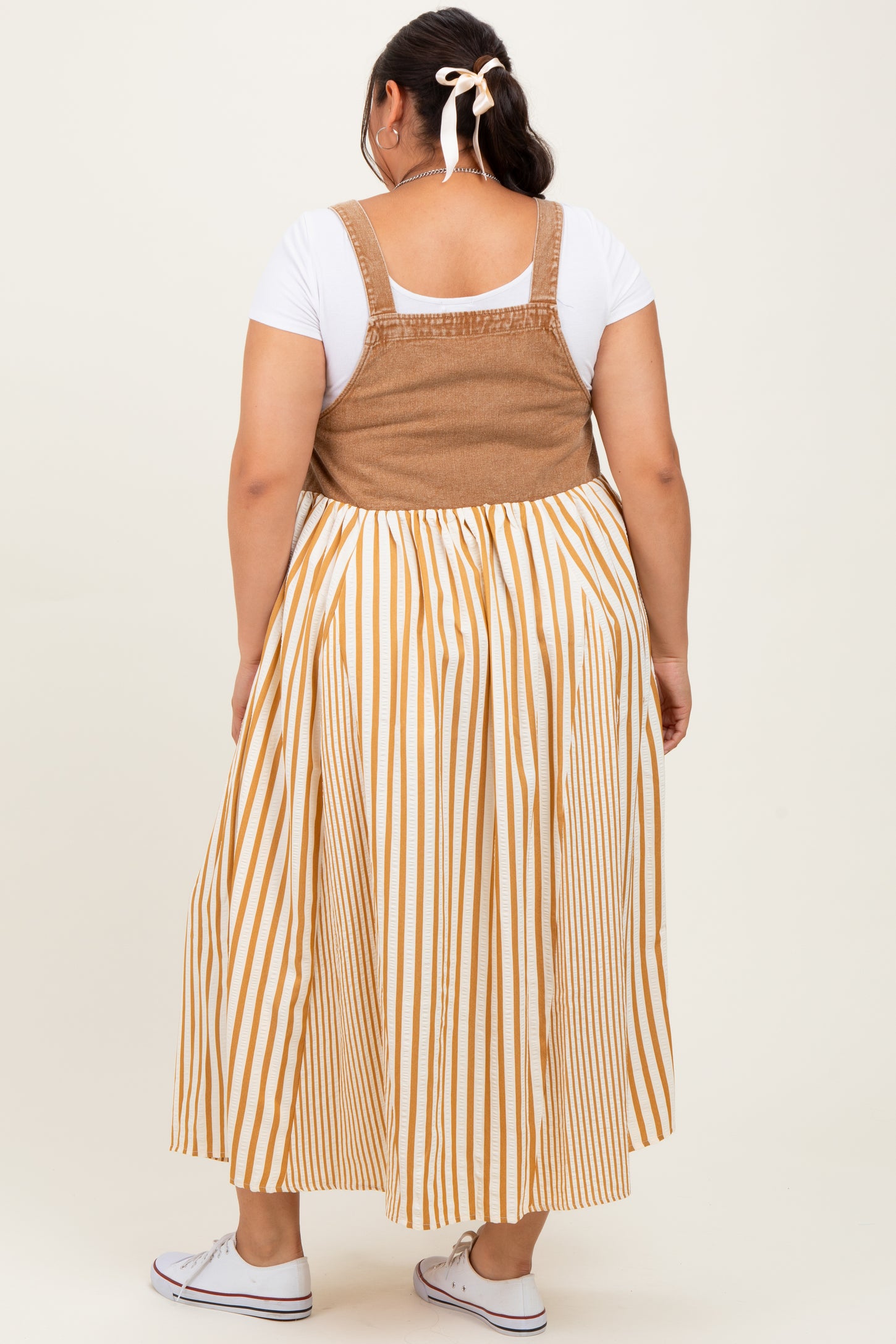 Camel Striped Colorblock Denim Contrast Plus Maxi Dress