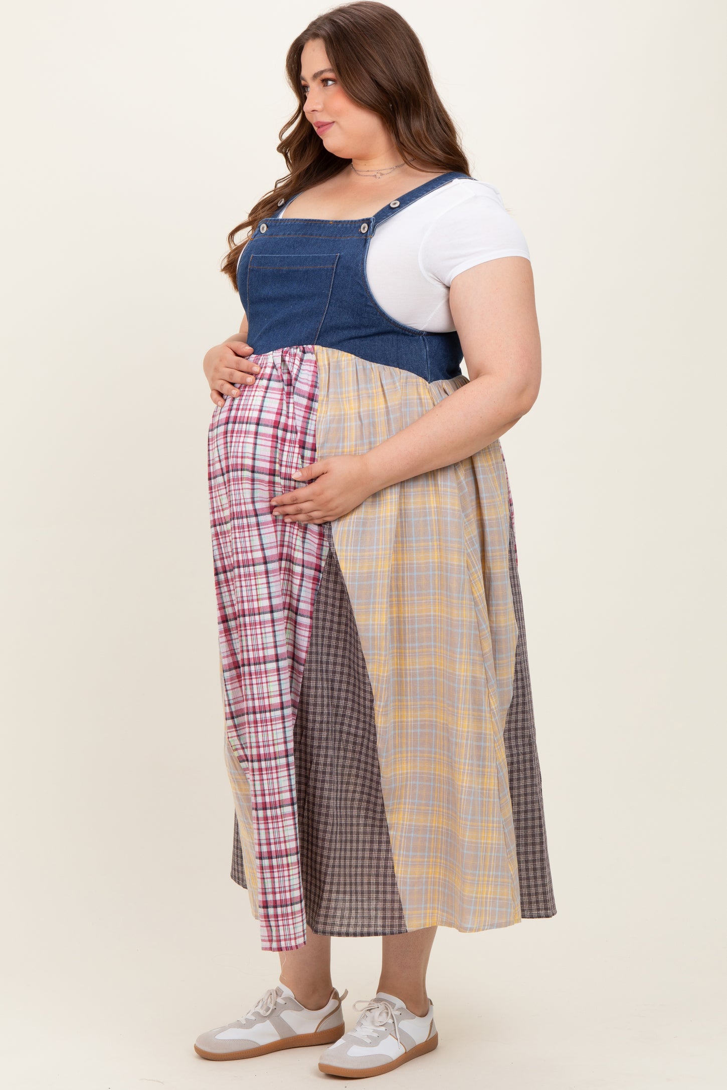 plaid denim overall dress Oddi Denim Plaid Patchwork Overall Dress w/ Lace Florals