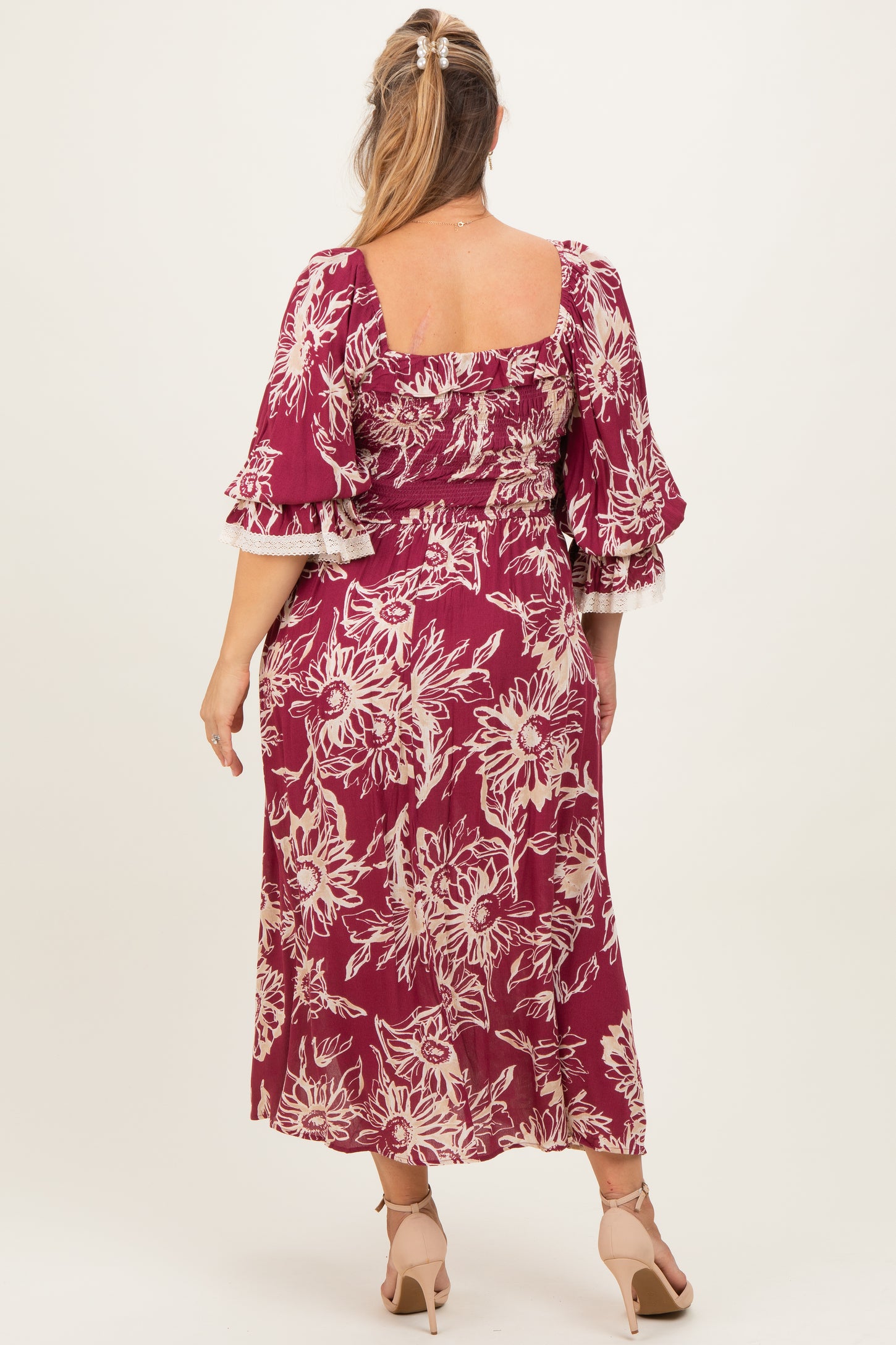 Burgundy Floral Smocked 3/4 Sleeve Maternity Plus Midi Dress