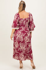 Burgundy Floral Smocked 3/4 Sleeve Maternity Plus Midi Dress