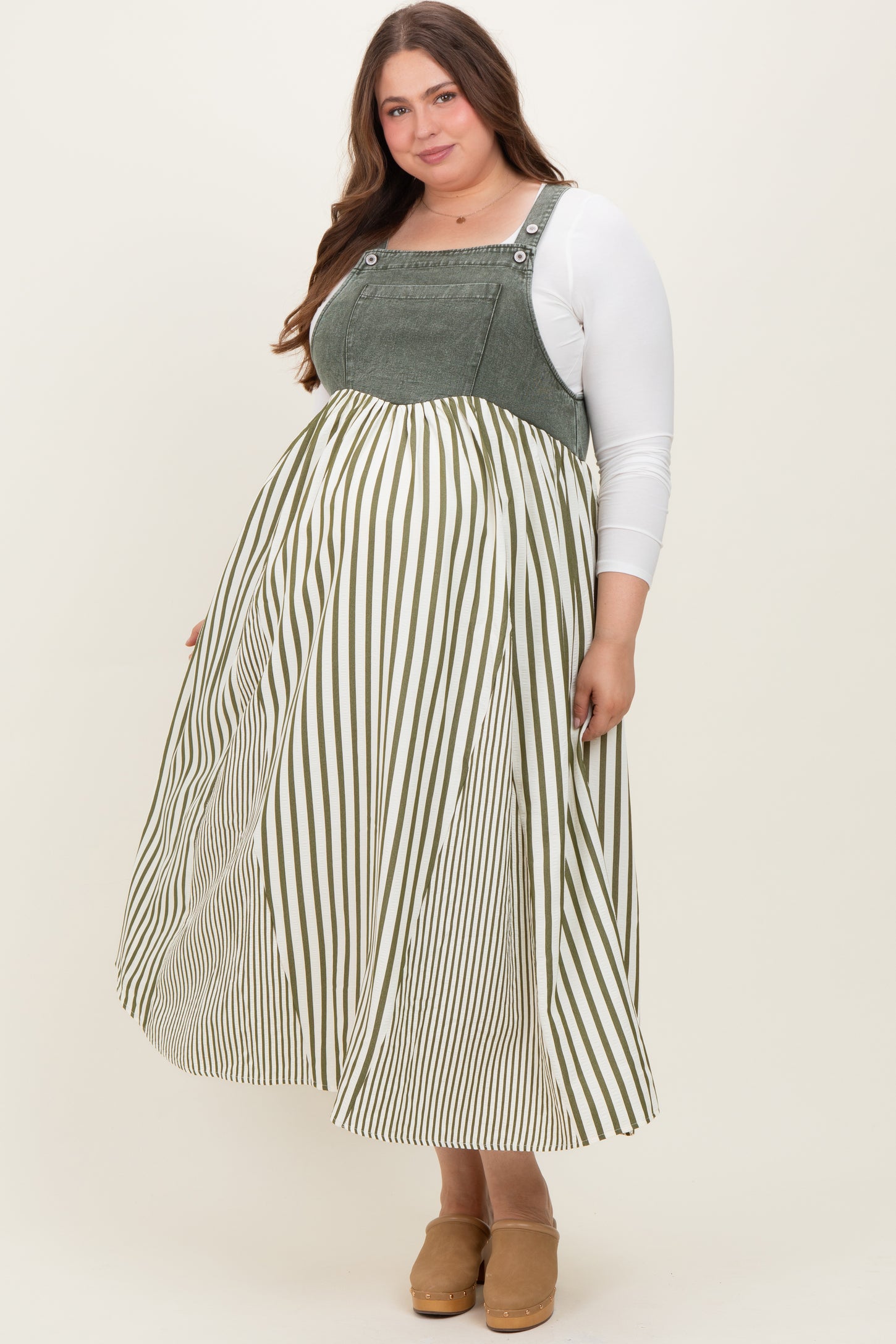 Olive Striped Colorblock Denim Contrast Maternity Plus Maxi Dress