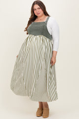 Olive Striped Colorblock Denim Contrast Maternity Plus Maxi Dress