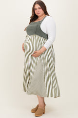 Olive Striped Colorblock Denim Contrast Maternity Plus Maxi Dress