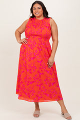 Orange Floral Smocked Sleeveless Midi Dress