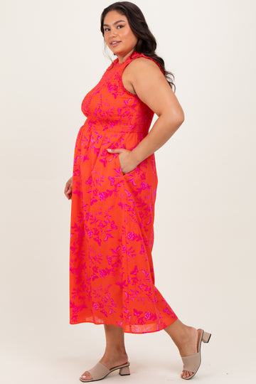 Orange Floral Smocked Sleeveless Midi Dress