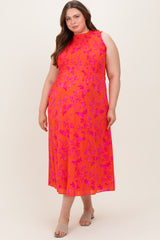 Orange Floral Smocked Sleeveless Maternity Midi Dress