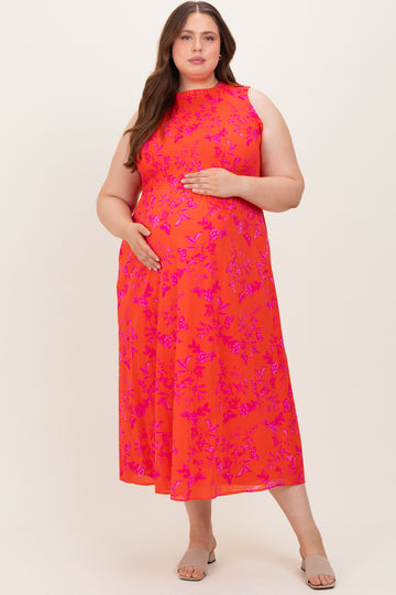 Orange Floral Smocked Sleeveless Maternity Midi Dress