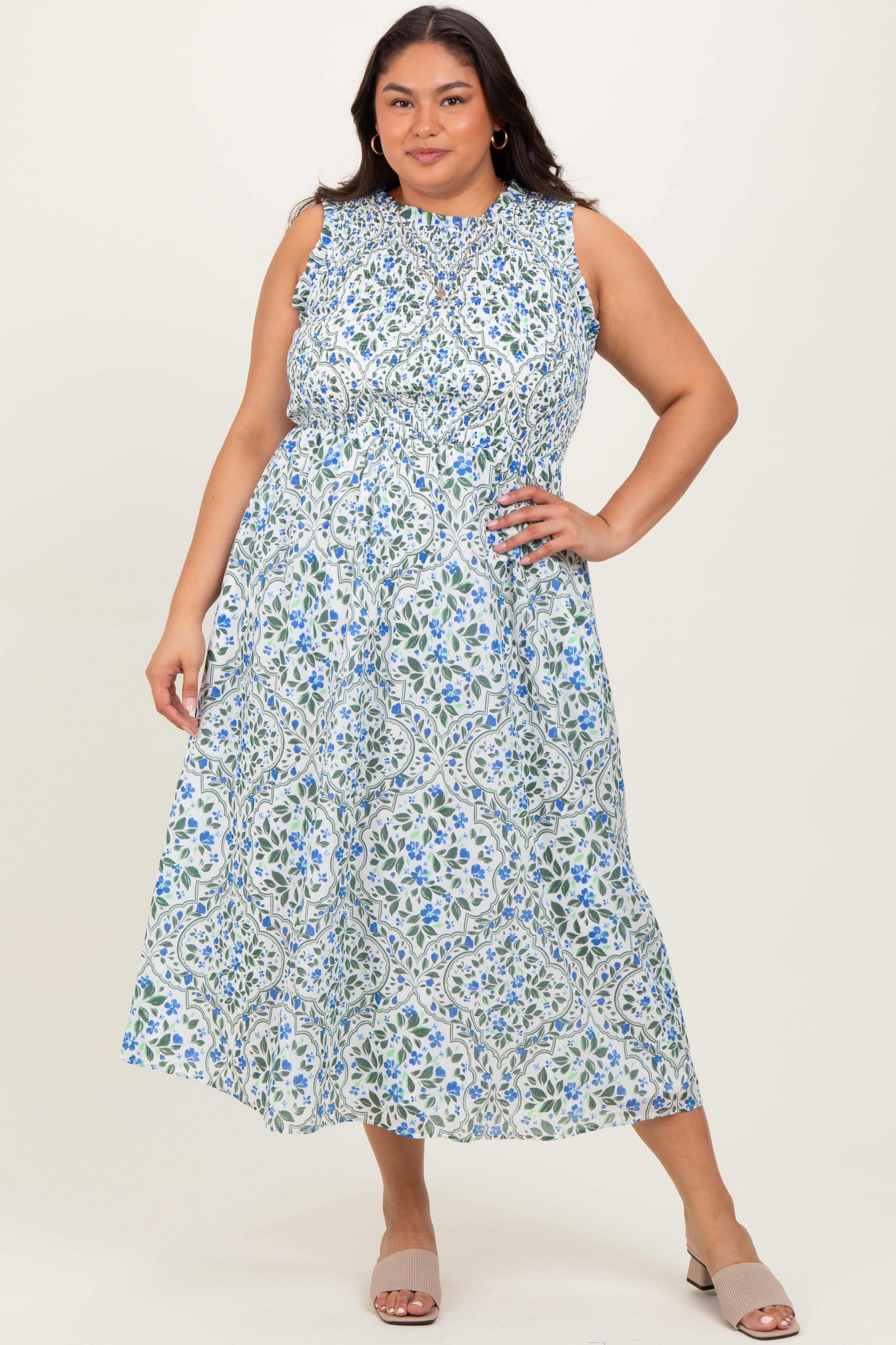 Blue Floral Smocked Sleeveless Plus Midi Dress Blue Floral Smocked Sleeveless Plus Midi Dress