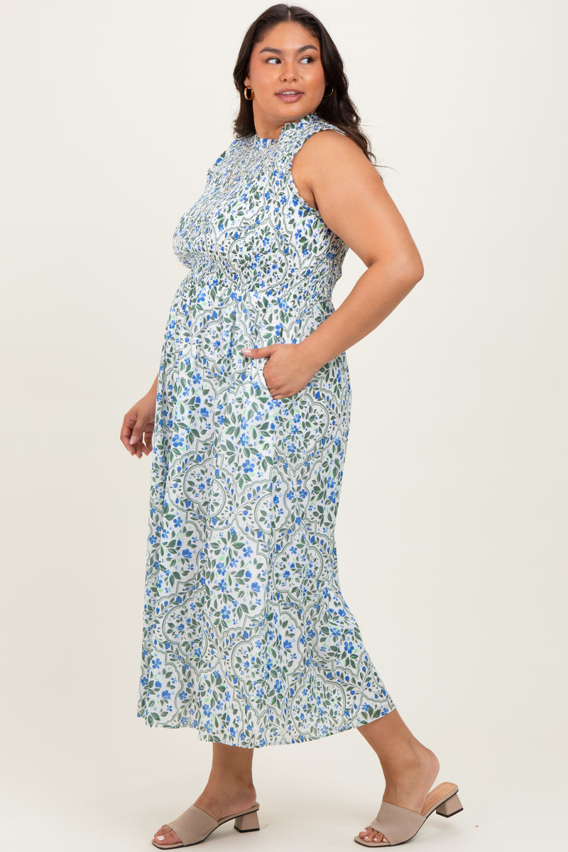 blue floral smock midi dress Blue Floral Smocked Sleeveless Plus Midi Dress