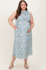 Blue Floral Smocked Sleeveless Maternity Plus Midi Dress