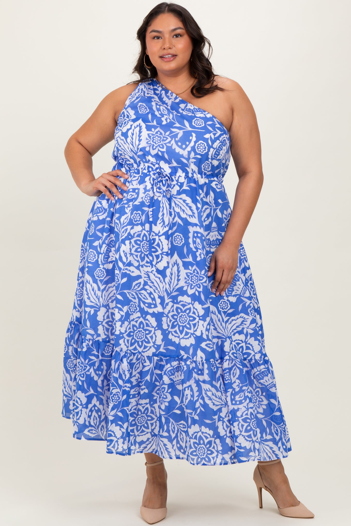 Royal Blue Floral One Shoulder Plus Maxi Dress