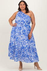 Royal Blue Floral One Shoulder Plus Maxi Dress