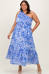 Royal Blue Floral One Shoulder Plus Maxi Dress