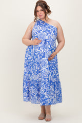 Royal Blue Floral One Shoulder Maternity Plus Maxi Dress
