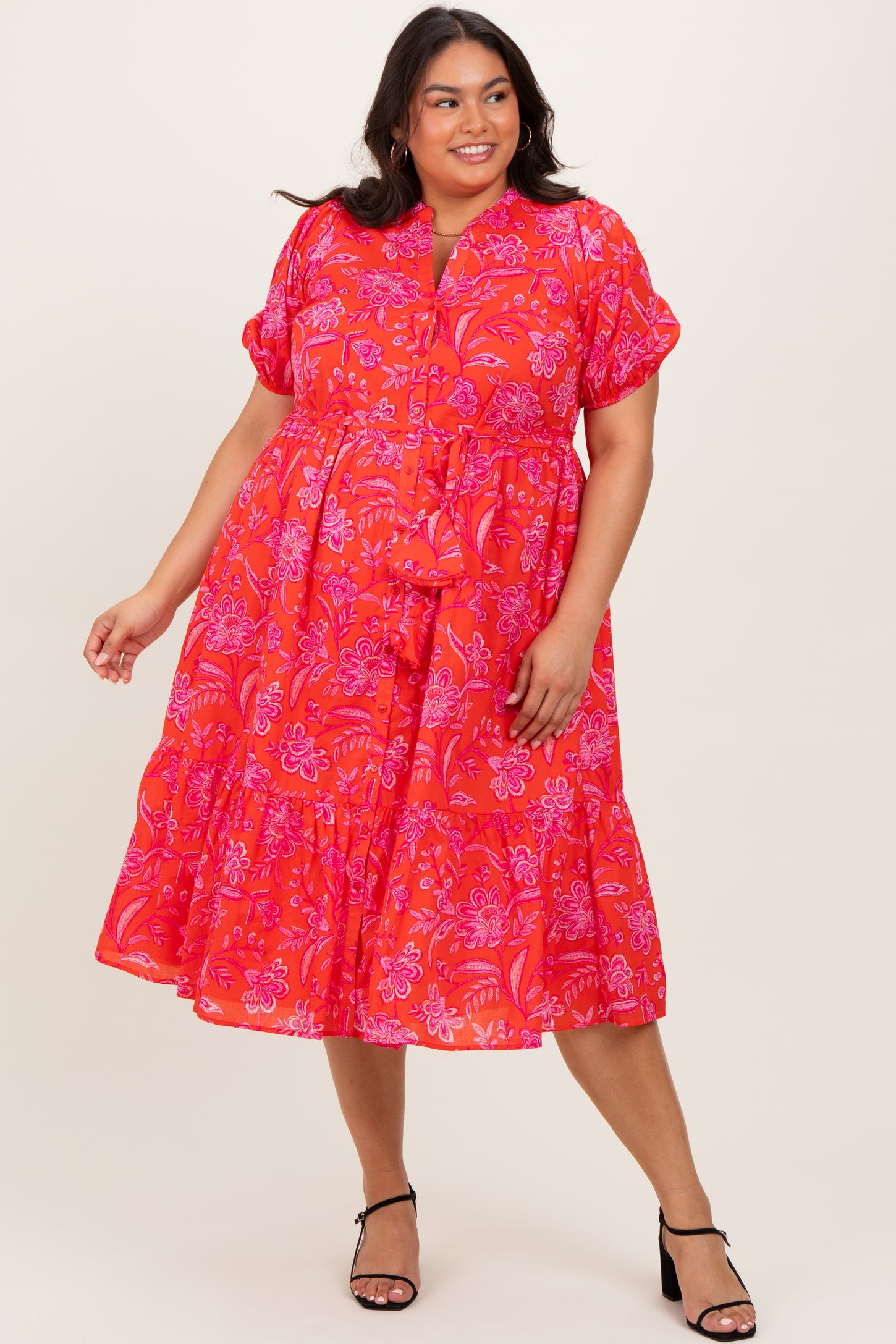 Red Floral Button Down Plus Midi Shirt Dress PinkBlush Red Floral Button Down Plus Midi Shirt Dress PinkBlush