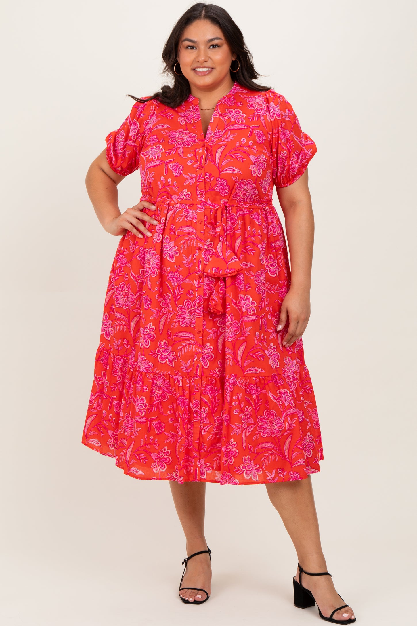 Red Floral Button Down Plus Midi Shirt Dress