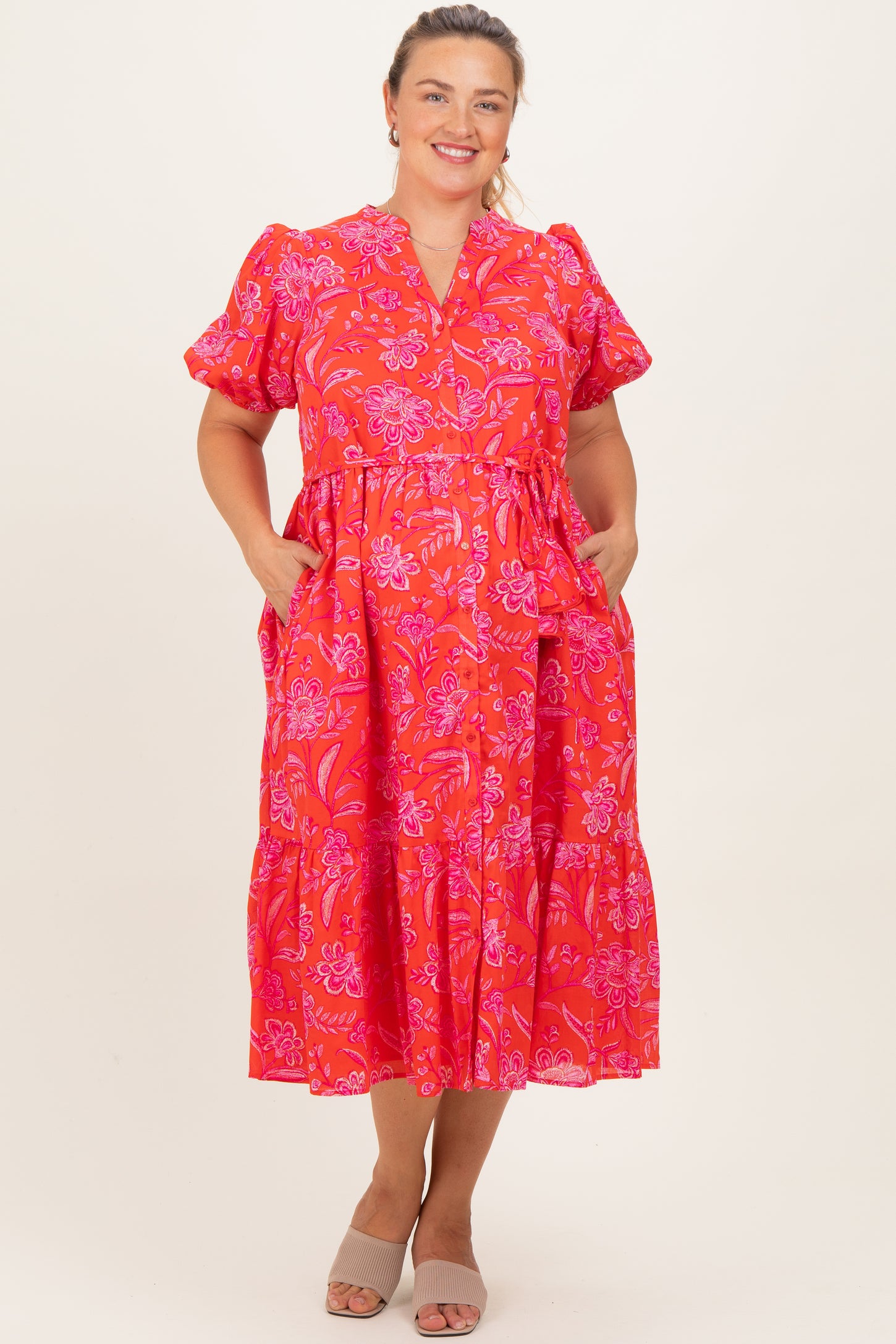 red shirt midi dress Red Floral Button Down Maternity Plus Midi Shirt Dress – PinkBlush