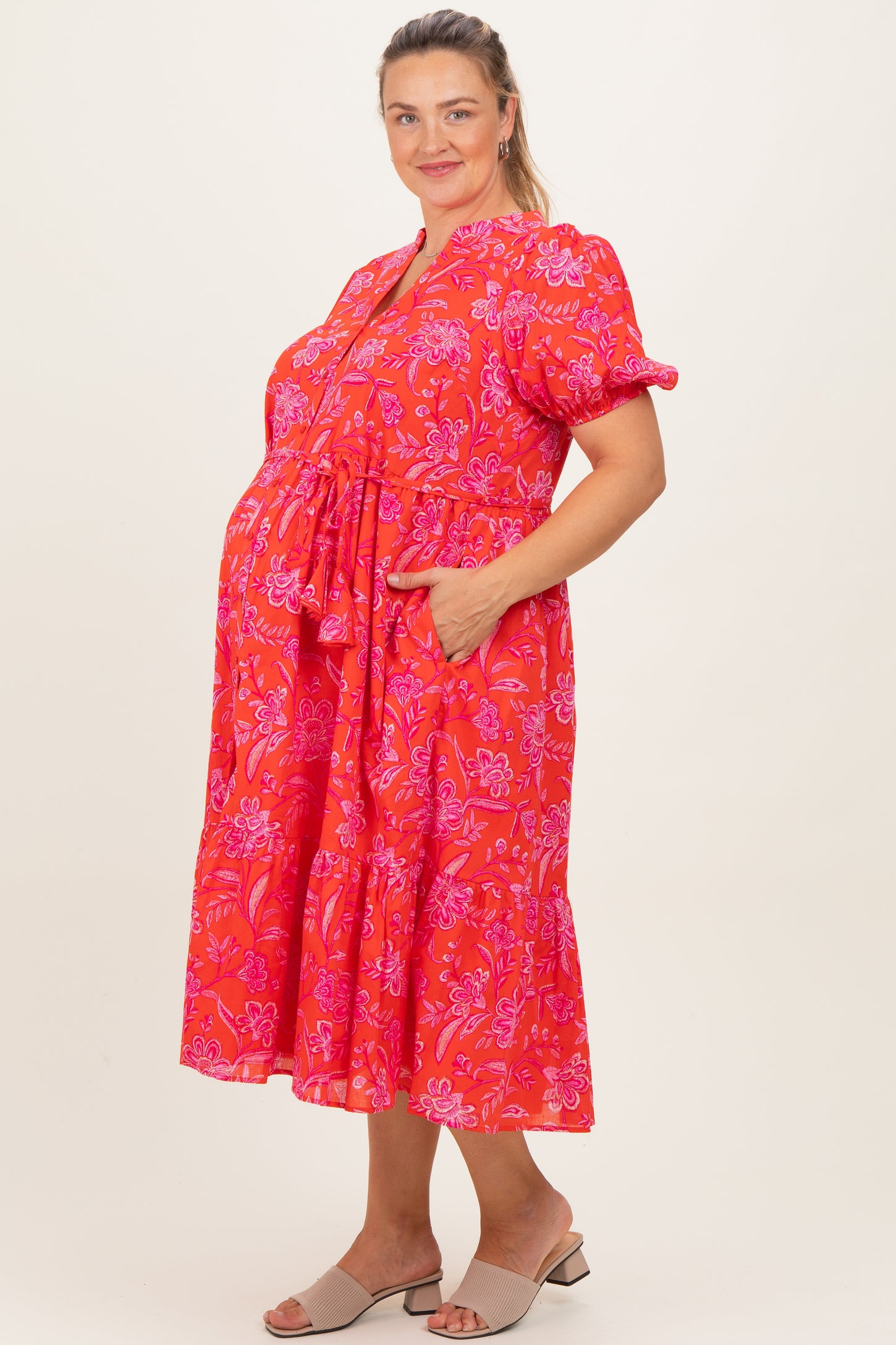 midi shirt dress plus size Red Floral Button Down Maternity Plus Midi Shirt Dress – PinkBlush