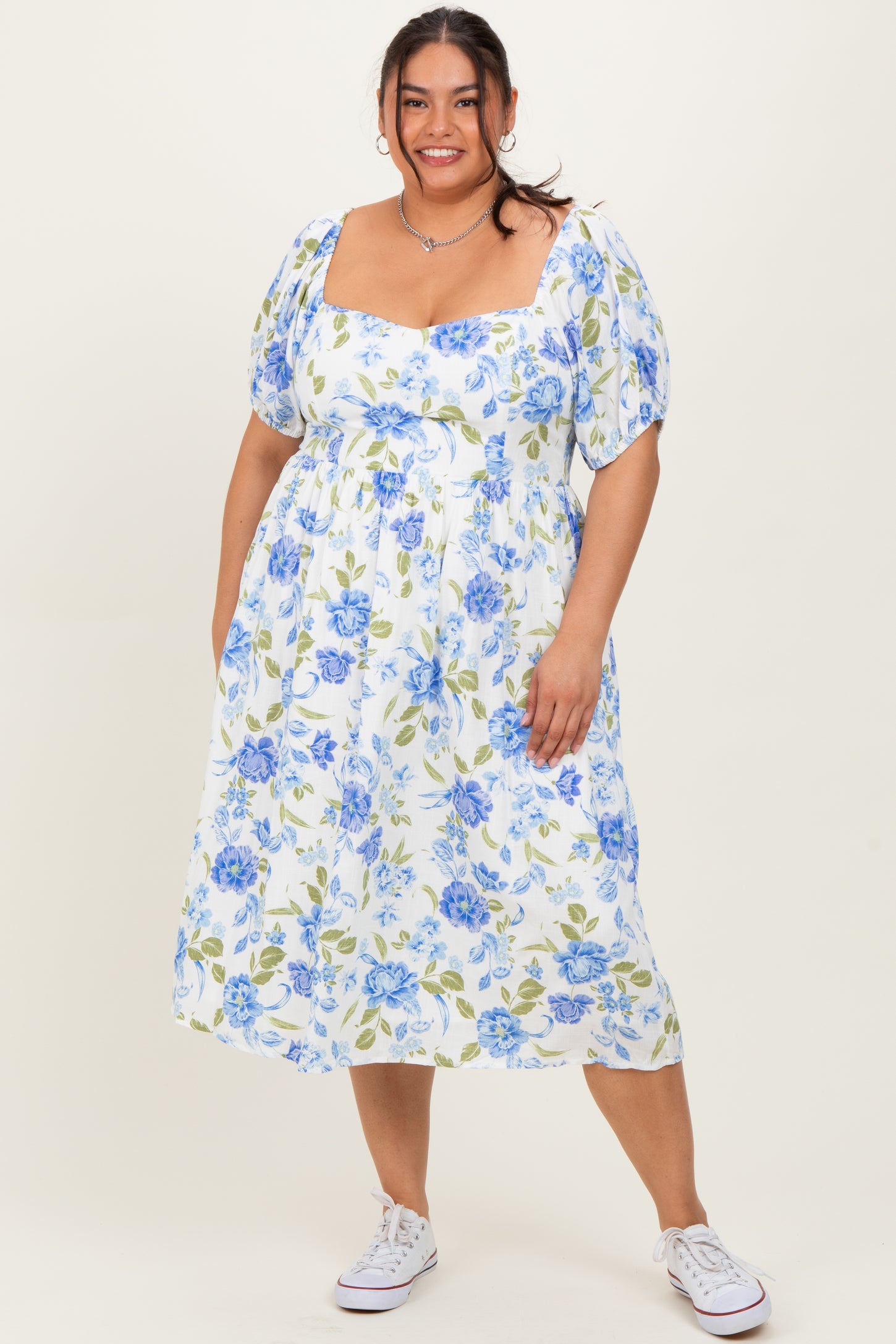 Blue Floral Sweetheart Neckline Puff Sleeve Plus Midi Dress Blue Floral Sweetheart Neckline Puff Sleeve Plus Midi Dress