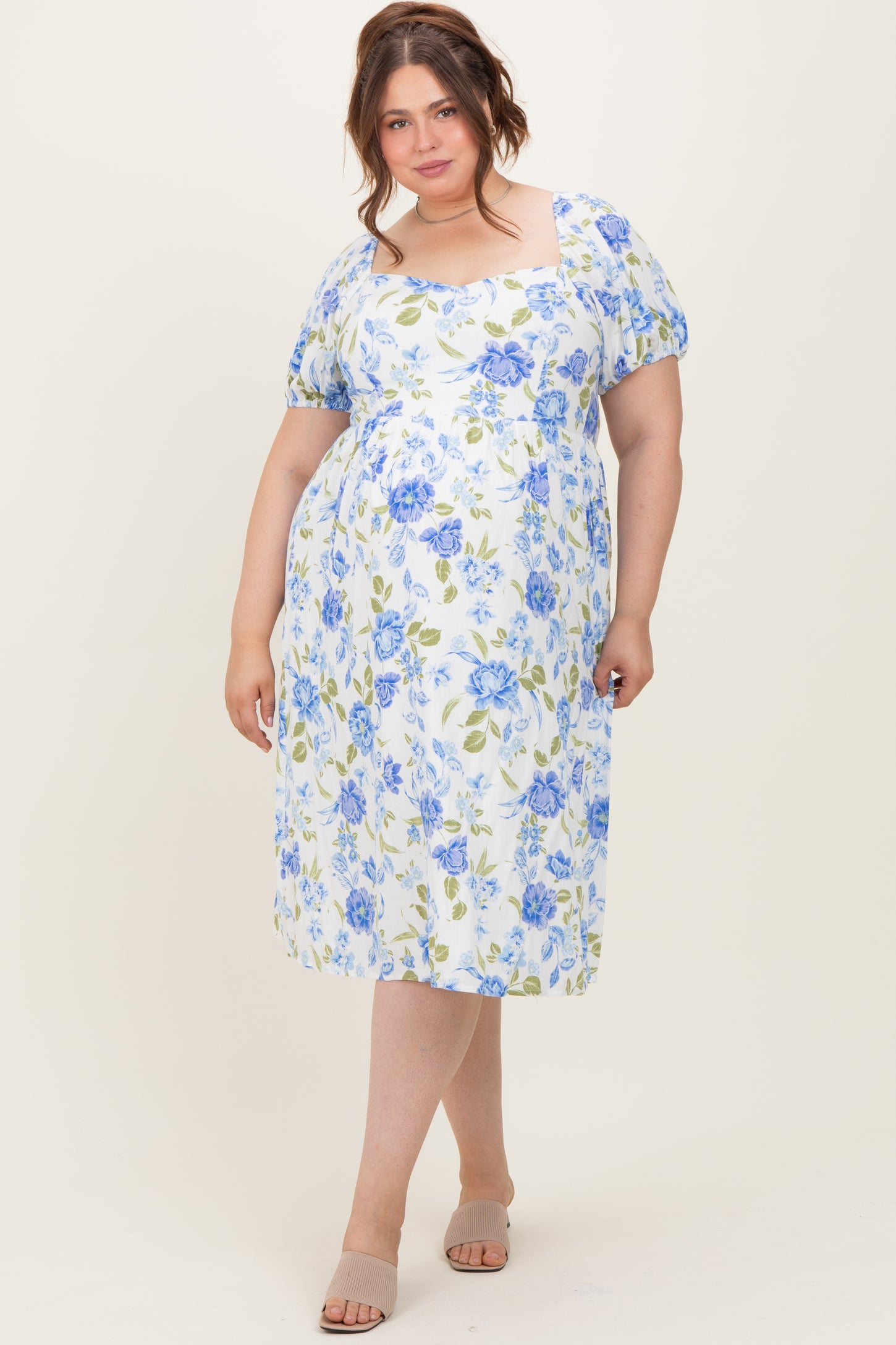 Blue Floral Sweetheart Neckline Puff Sleeve Maternity Plus Midi Dress