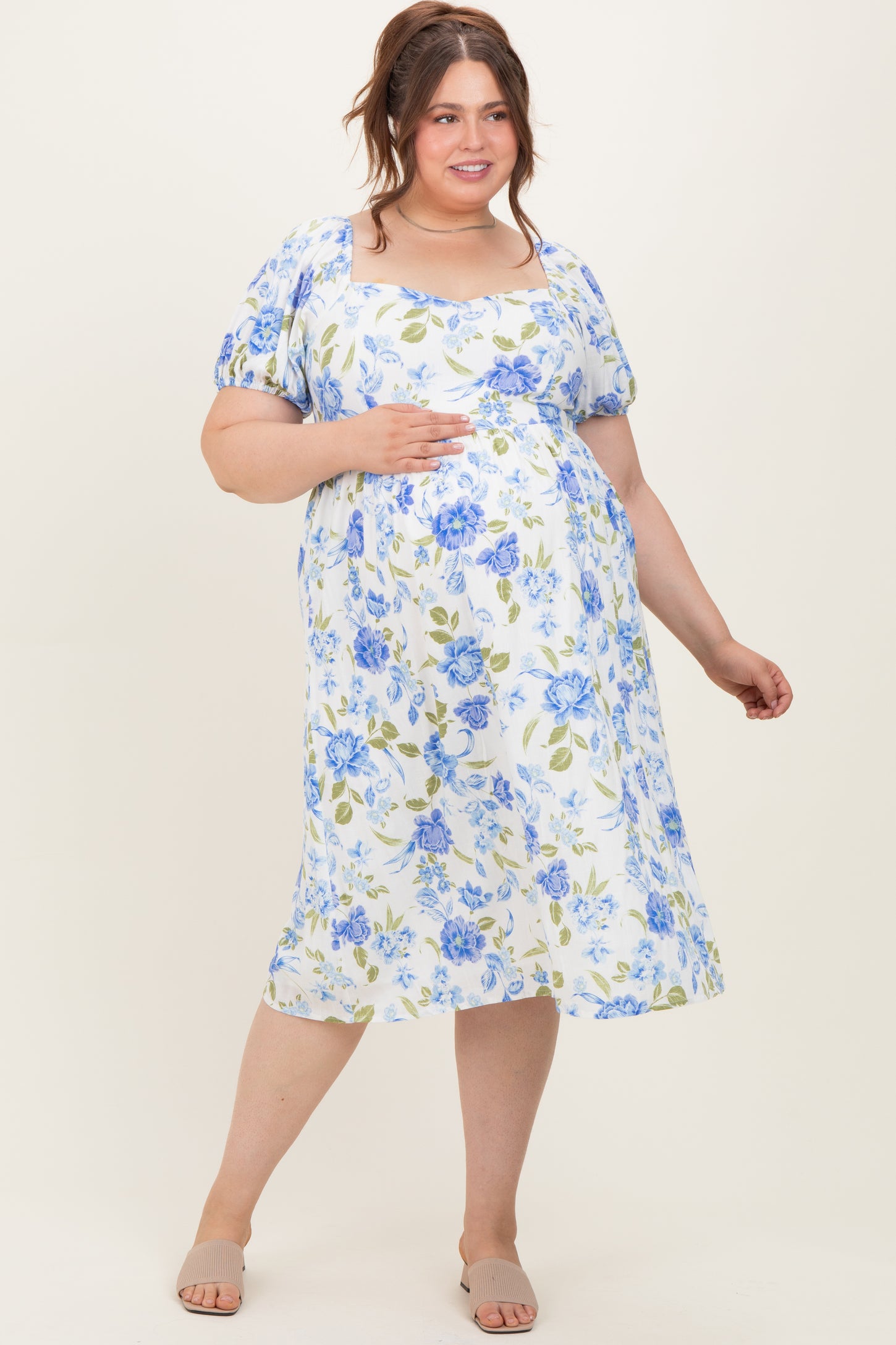 Blue Floral Sweetheart Neckline Puff Sleeve Maternity Plus Midi Dress